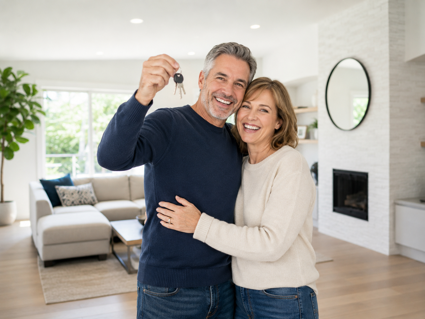 Happy couple celebrating with house keys after signing their buyer agreement