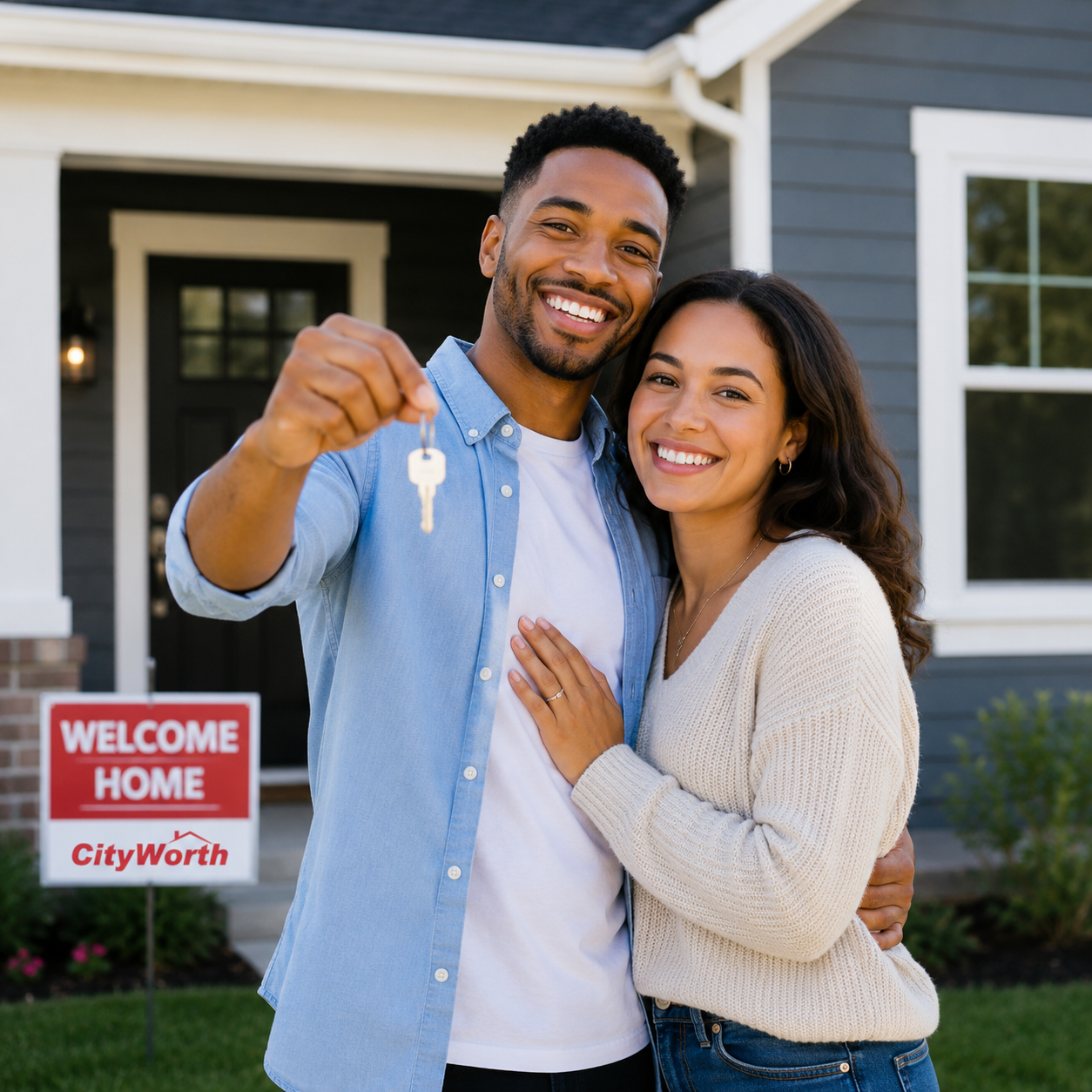 Happy couple holding their new home keys in front of a CityWorth Welcome Home yard sign