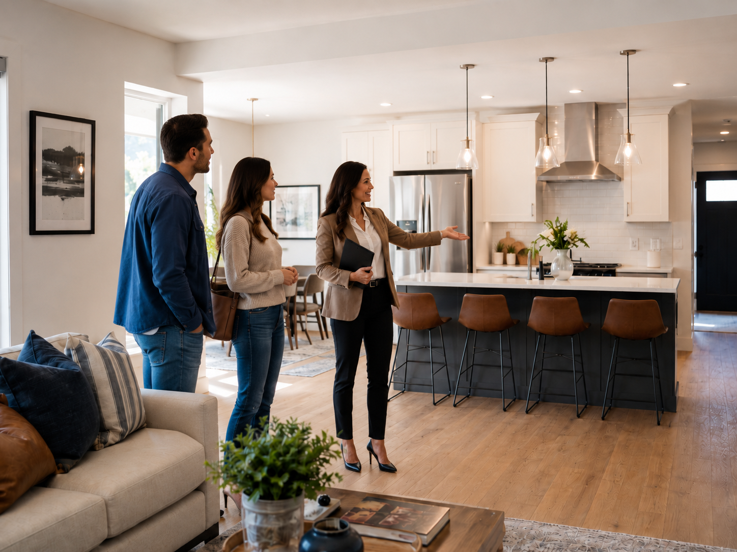 Real estate agent showing a couple a modern kitchen during a home tour